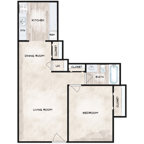 Floor plan for 1 bed, 1 bath, 648 sqft